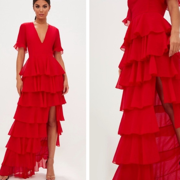 SOLD - NWT Red Chiffon Ruffle Layer Maxi Dress - Picture 1 of 5